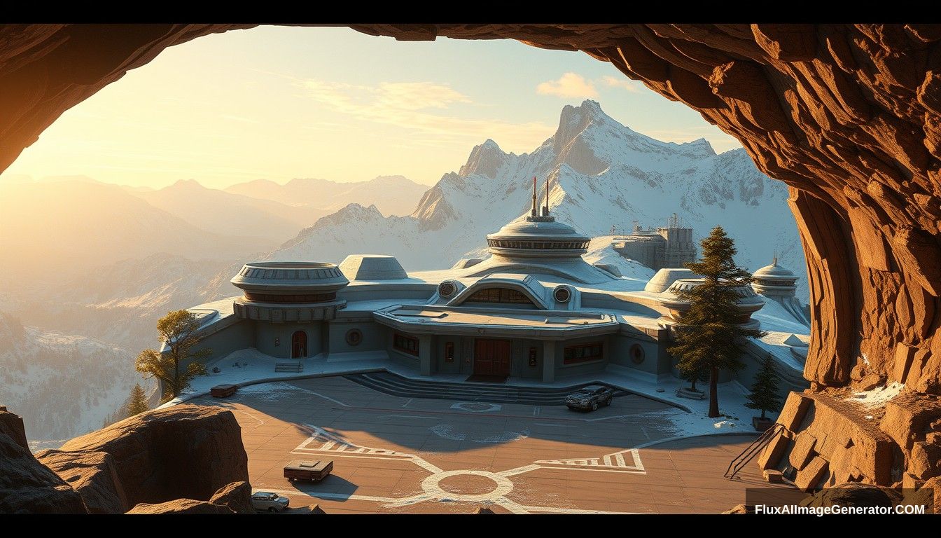 Cel shaded art, wide shot, a sci-fi center on the top of a snow mountain, open air, close look, cyberpunk, military base, Star Wars style, indoor, patio, morning, sunlight, fortress, mountain, rock, snow, tarmac, parking apron, cave, tree, landing field, cliff, round shape, tower.