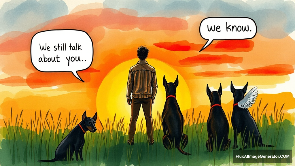 Messy hand drawn watercolor illustration: male figure in meadow at golden hour, silhouetted against vibrant sunset sky. 3 Winged canines black and tan doberman companions sat beside. facing away from the viewer, Speech bubbles float above: "We still talk about you" (person), "we know" (dog). Nostalgic atmosphere, brushstrokes convey wistful longing.