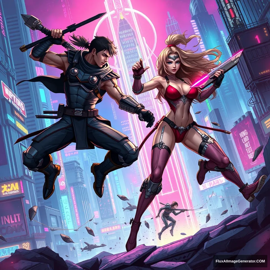 Illustrate a dynamic and futuristic cyberpunk battle scene featuring two warriors engaged in an intense duel. The male warrior is agile and powerful, while the female warrior is graceful and strong, both exuding an aura of confidence.

Details:

Setting: A neon-lit cityscape in the distant future, with towering skyscrapers and flying vehicles, reflecting the chaotic beauty of cyberpunk culture.

Characters: A male and a female warrior, both clad in form-fitting, high-tech armor that accentuates their athletic physiques.

Armor: The armor is a mix of traditional and futuristic elements, with sleek designs and glowing circuits, possibly incorporating transparent materials to add a sensual touch.

Weapons: The warriors wield advanced, energy-based weapons that fit the cyberpunk theme, such as plasma blades or pulse rifles.

Action: The male warrior is shown leaping or performing an acrobatic move, while the female warrior is in a defensive or counterattacking pose, creating a sense of motion and energy.

Lighting: The scene is lit by the vibrant glow of neon lights and the flashes of weapon discharges, casting dramatic shadows and highlights.

Expression: Both warriors display focused and determined expressions, with a hint of the adrenaline rush that comes with combat.

Atmosphere: A sense of high-stakes tension, as if the outcome of this duel could have significant consequences in their world.

Color Palette: A palette that includes cool blues, purples, and pinks from the neon lights, contrasted with the metallic sheen of the armor.

Style: A style that captures the gritty yet glamorous essence of cyberpunk, with sharp lines and detailed textures.

Composition: A composition that captures the drama of the moment, with the warriors positioned to reflect the flow of the battle.

Additional Details: Consider adding elements such as holographic interfaces, digital advertisements in the background, or a crowd of onlookers to enrich the scene.