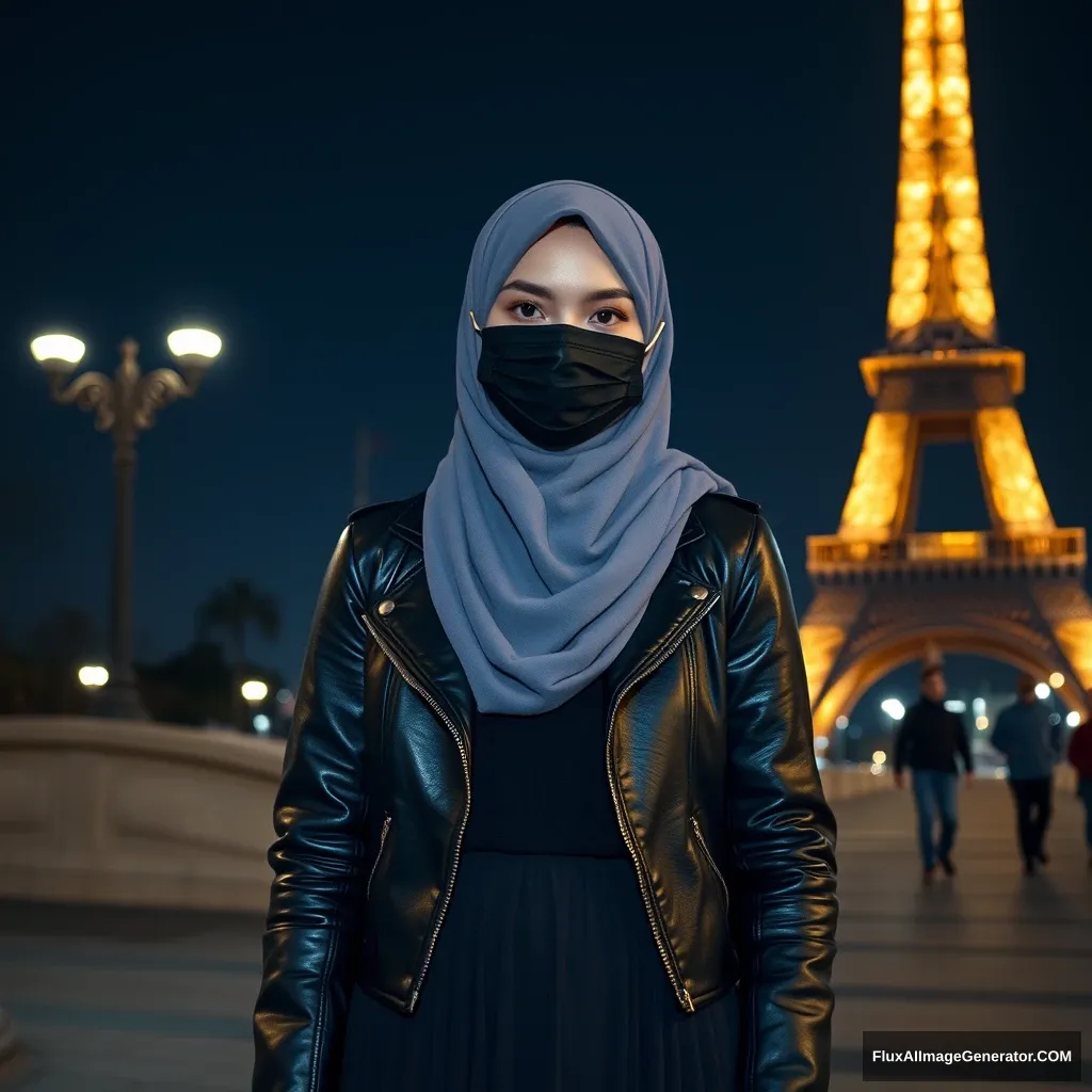 A biggest grey hijab Muslim girl, with beautiful eyes, wearing a black face mask, a black leather jacket, and the biggest, longest skirt, standing near the Eiffel Tower with an Olympic 2024 theme, at night scenery, in a hyper-realistic style, captured through street photography.