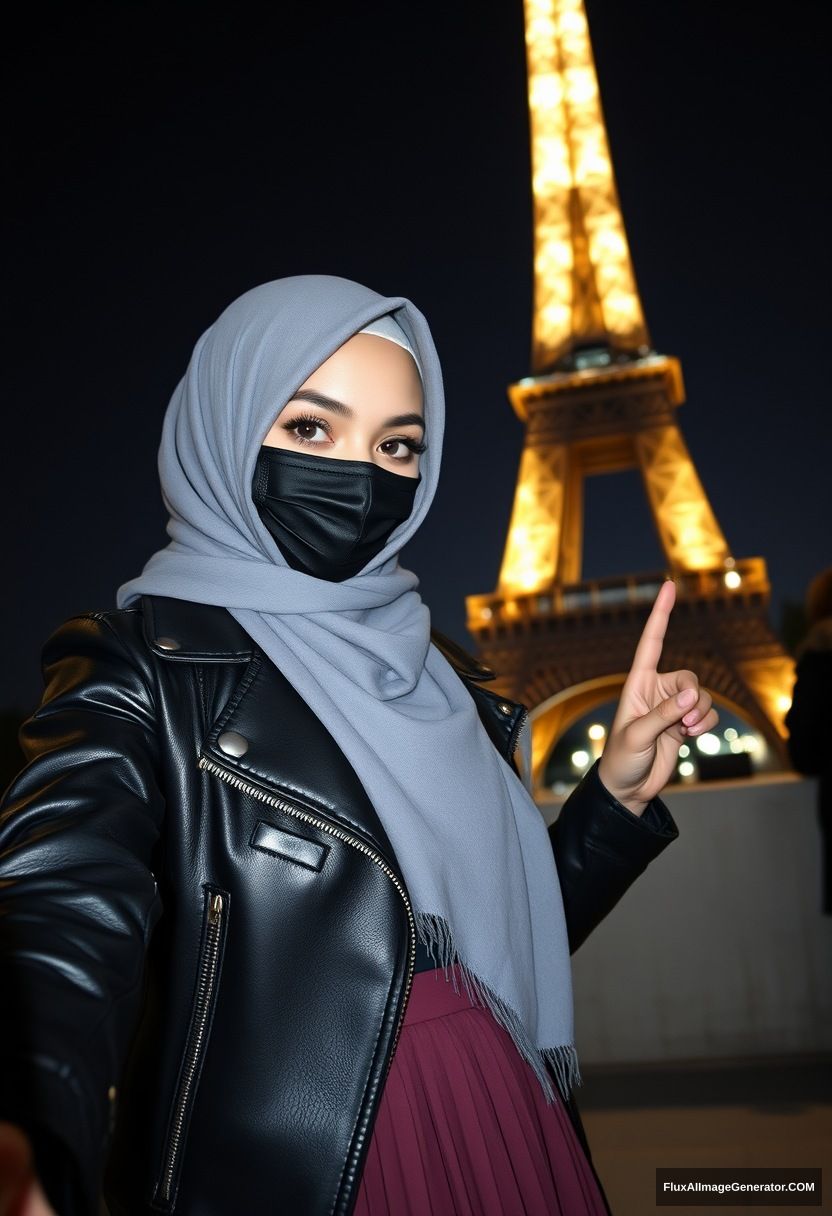 Biggest grey hijab Muslim girl, beautiful eyes, black face mask, leather jacket, biggest longest skirt, standing near the Eiffel Tower, night scenery, hyper realistic, photorealistic, selfie photos, peace hand.