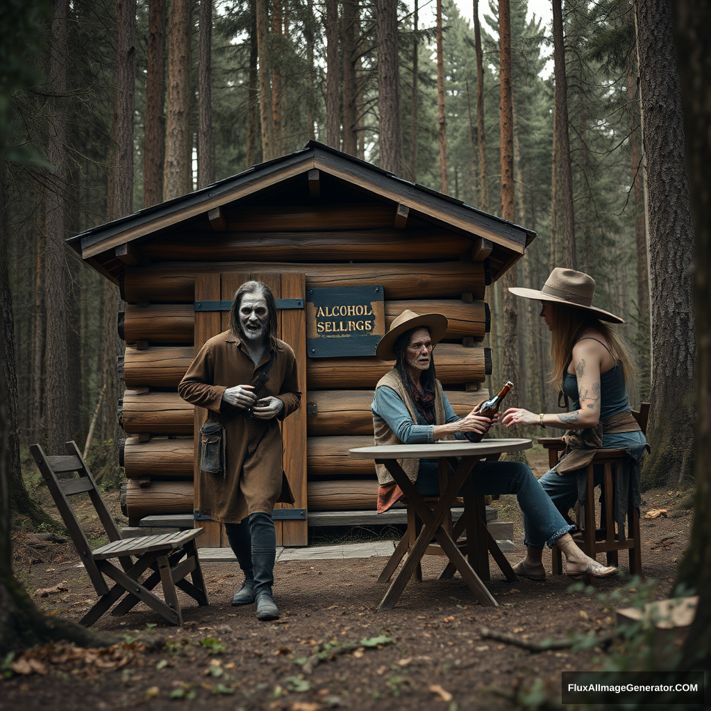 Real-life photography, wide shot: In the forest, there is a wooden cabin selling alcohol, and a dressed zombie comes to buy some. Next to the cabin, there are one table and two chairs, with a zombie wearing a hat sitting and drinking. A female barbarian is selling the alcohol.