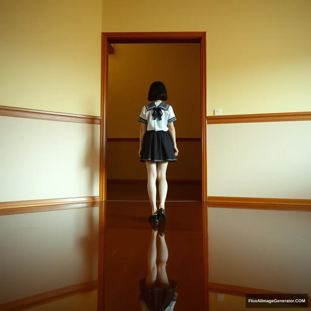 "A Japanese schoolgirl in a skirt is in the room, and the floor is a mirror."