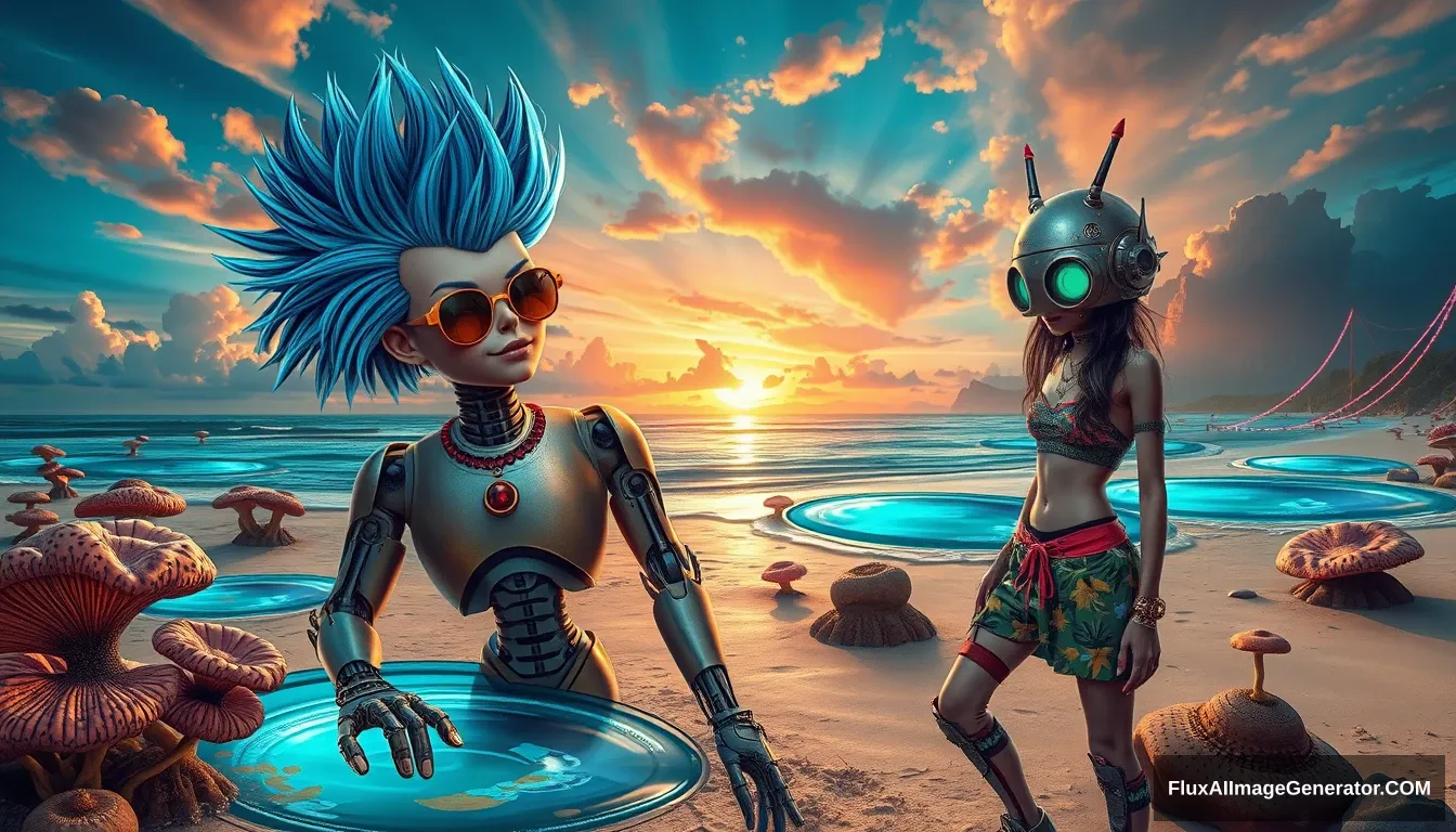 Realistic photo in the intricate style of Enki Bilal: A scene features a deliciously attractive punk girl with electric blue spiky hair; beside a charming retro-futuristic robot in Hawaiian shorts, on a surreal alien beach adorned with iridescent fungi and shimmering lakes, all beneath a vibrant, dreamlike sky.