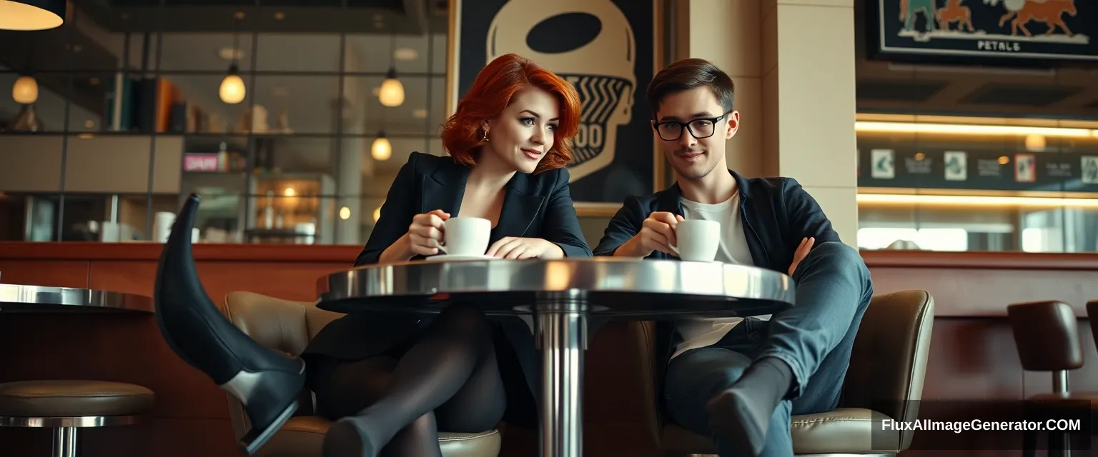 Cinematic Style. A woman and a man are sitting at a table in a bar, having a coffee. The woman is in her 40s, has red hair, with a devious grin on her face and her mouth closed, wearing business attire, black pantyhose, and open-toe high heels. She looks at the man with superiority. The man is a 20-year-old, wearing glasses, jeans, and a T-shirt. The shot is from the side, from a distance, so all their figures are shown. The woman is looking at the man. The table has one leg in the middle, metallic. The woman and the man are sitting on opposite sides, facing each other. The man is looking down at the table. The woman is looking at the man. The woman has one leg extended forward. Cinematic. Worm's eye view.