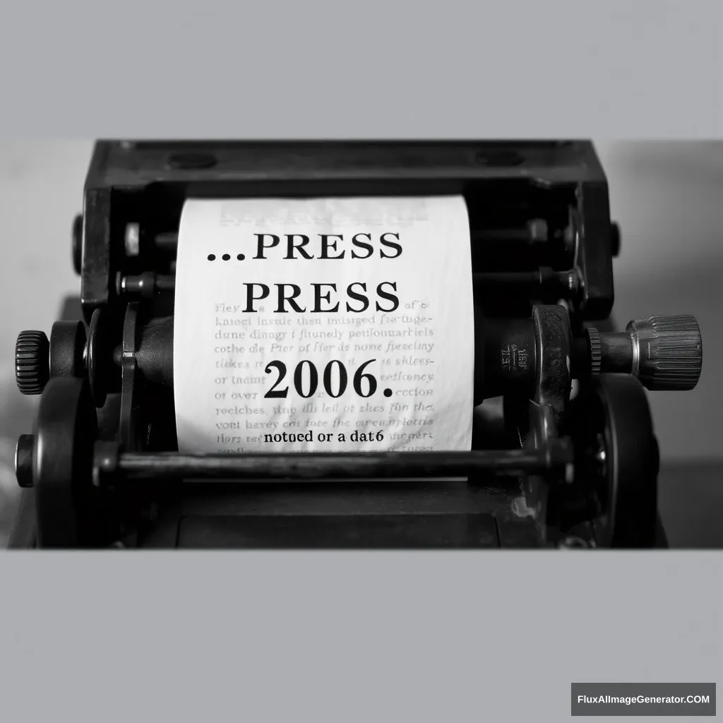 Grayscale 1700s printing machine printing a paper that says "..PRESS 2O6.." not 2016 or a date. - Image