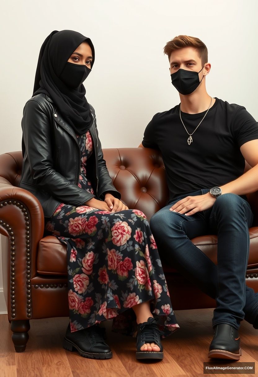 A tallest black hijab girl, slim girl, beautiful eyes, black face mask, black leather jacket, biggest floral long dress, black leather sneakers, sitting on a leather single wing sofa, Jamie Dornan, youngest, silver necklace for men, black t-shirt, jeans, black leather sneakers, tall man, black face mask, fit body, sitting near her, hyper-realistic, studio photography.