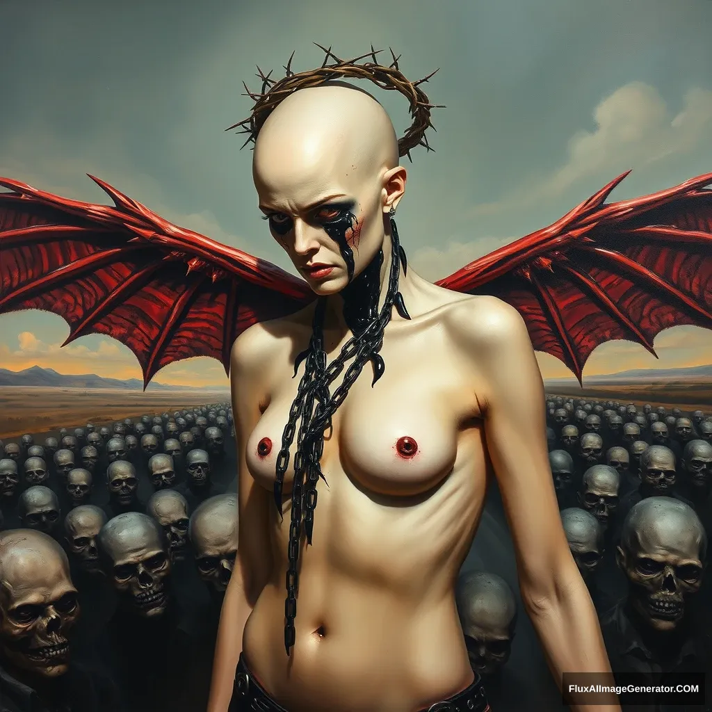 Oil painting, bald, Cthulhu-winged hunter-killer woman who is a pinup creature of death, desolate road backdrop teeming with the living dead, chains, barbed wire entangle a cross on her back, barbed thorn wreath on head, wings secrete black liquid, eyes weep the same substance, faceless crowd around, inspired by H.R. Giger and Zdzislaw Beksiński. - Image