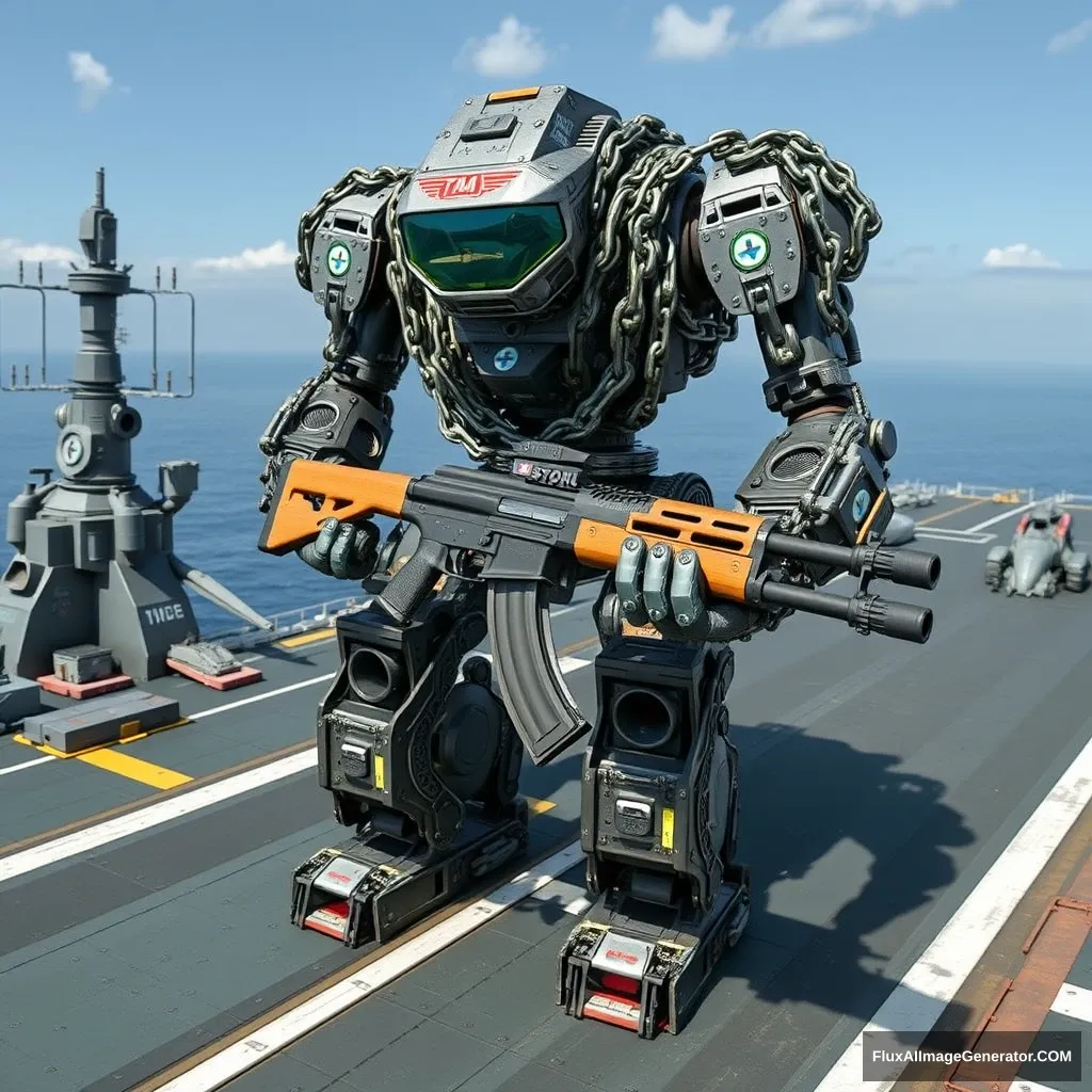 A large robot assembled from motorcycle chains on an aircraft carrier, holding a new AK47.