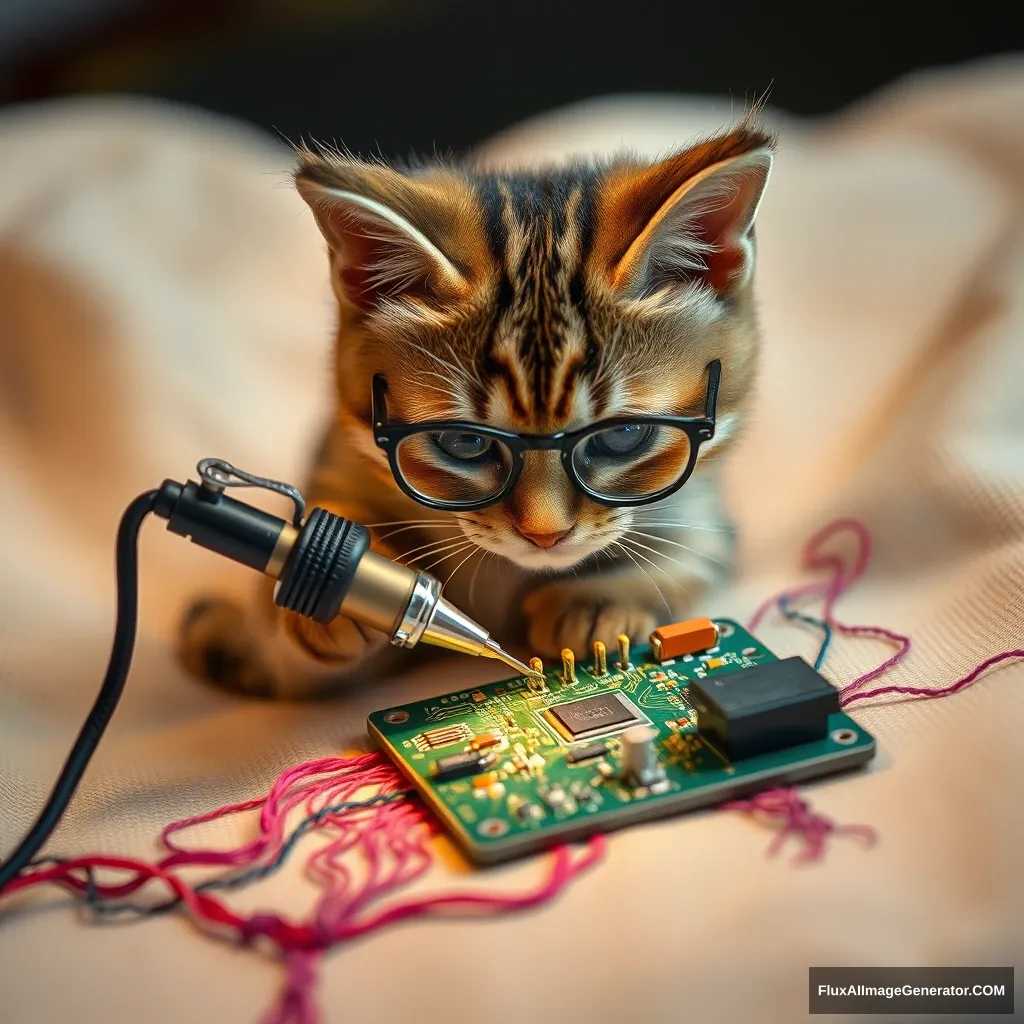 A mischievous tabby cat, wearing tiny spectacles, meticulously solders a circuit board with a miniature iron. Vibrant threads weave intricate patterns, mimicking electronic pathways. Soft fabric backdrop, warm lighting. Delicate French knots form components. Style: Hyper-realistic embroidery art, blending traditional craftsmanship with modern technology.