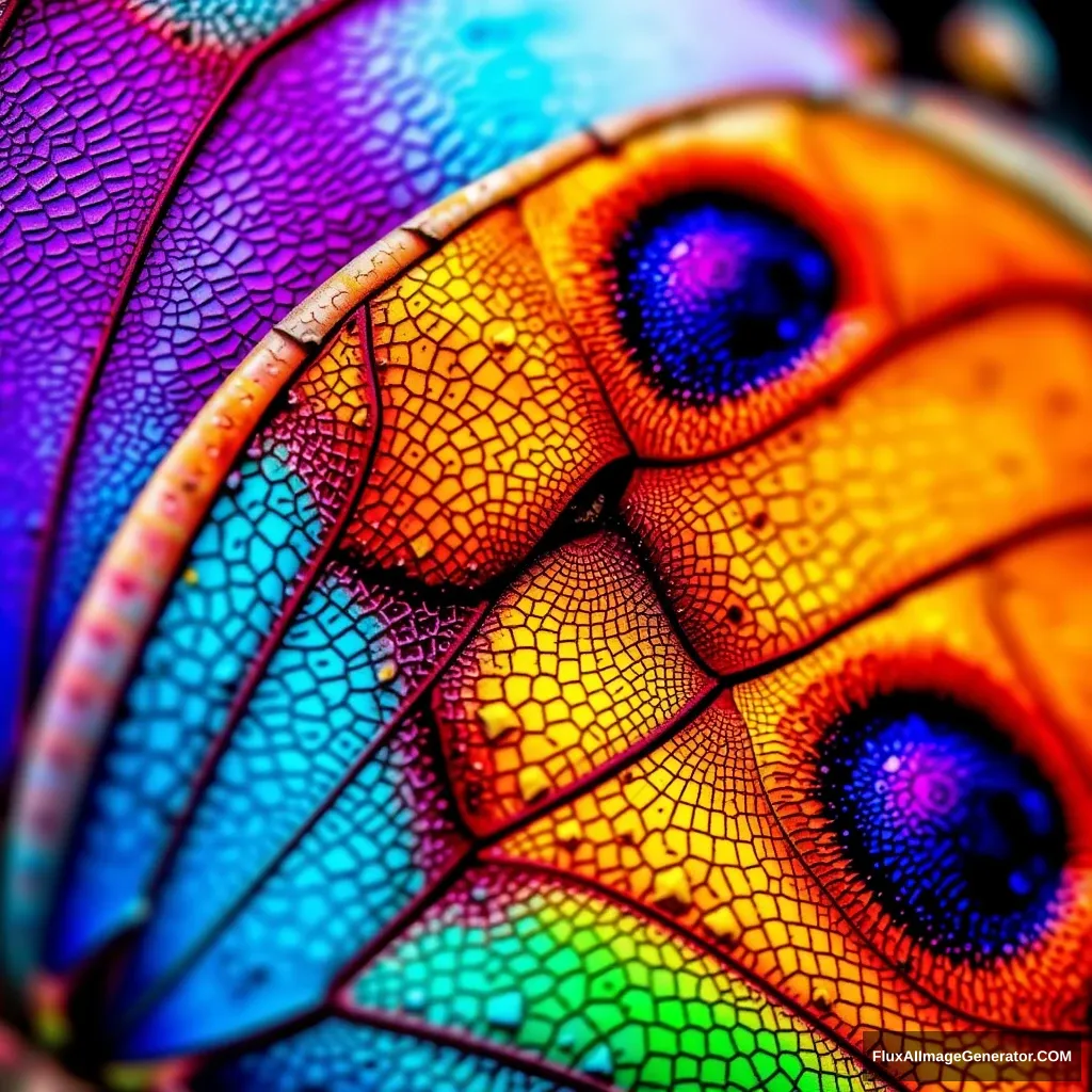 "An ultra-detailed macro photograph of a colorful butterfly wing, showing individual scales and intricate patterns."