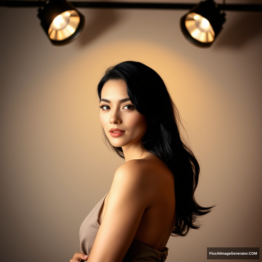 A woman poses against a neutral background, with the studio lights casting a captivating glow on her porcelain white skin and jet black hair. Dressed in a dress, the camera perfectly captures every detail: the intricate folds of the fabric, subtle curves, and lifelike textures. - Image