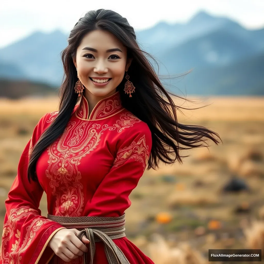 This is an image of a beautiful Asian woman in traditional Chinese clothing. She is wearing a red and gold colored outfit with intricate designs. The outfit is reminiscent of a warrior's attire. She has a confident smile on her face and is standing in a field with mountains in the background. - Image