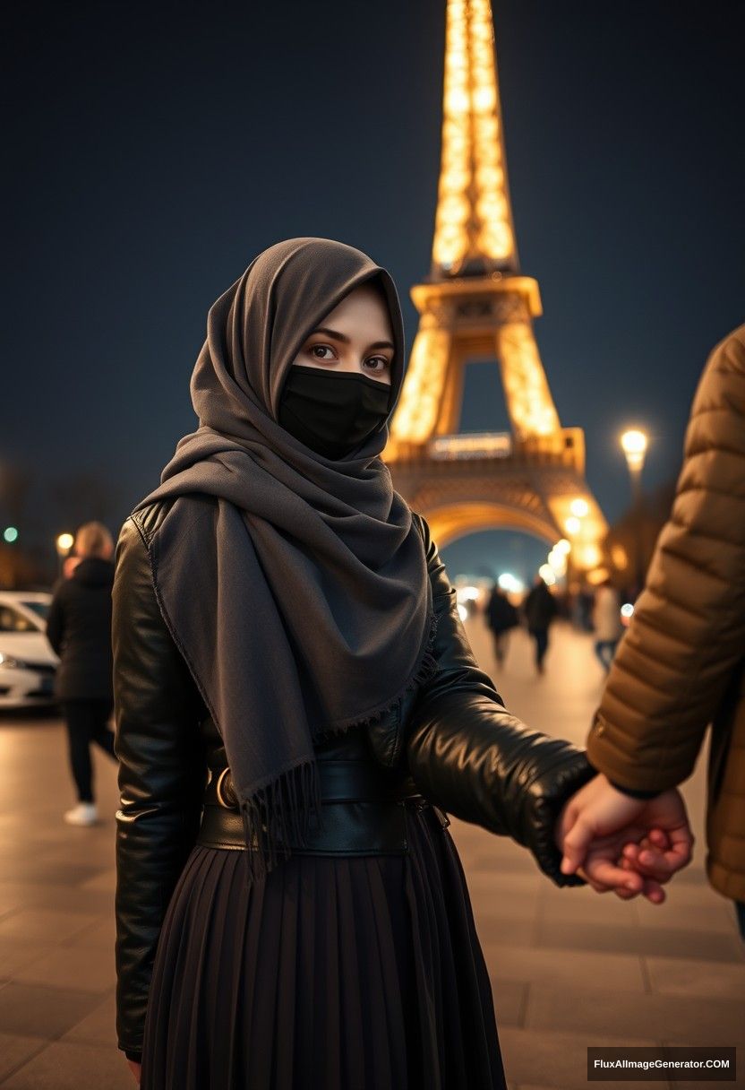 Biggest grey hijab Muslim girl, beautiful eyes, face mask black, leather jacket, biggest longest skirt, standing near Eiffel Tower, night scenery, strangers back, hyper realistic, photorealistic, street photography, hold someone's hand from opposite, come hold my hand.