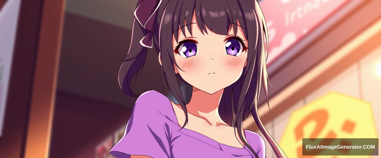 American anime girl. Kawaii. Purple top. - Image