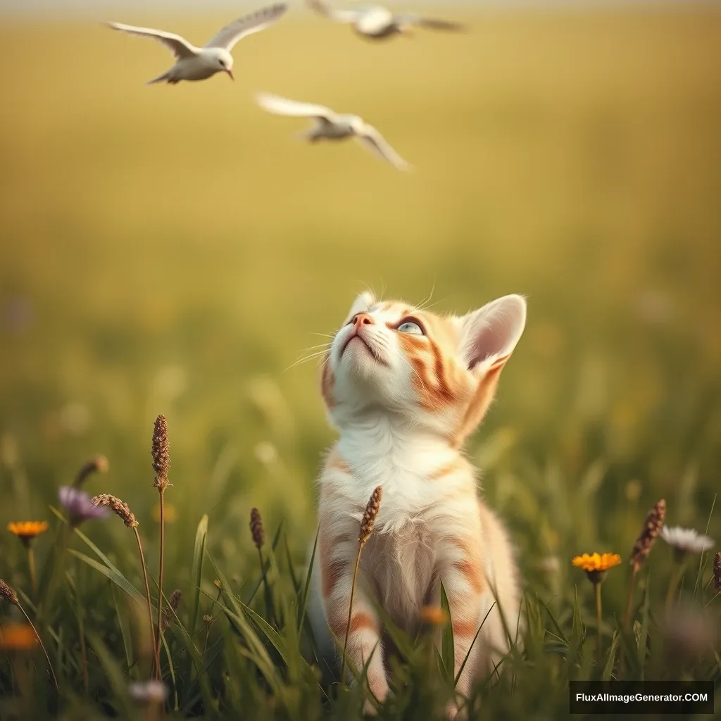 A small cat named Mini in a vast meadow, looking up at birds flying in the sky with a dreamy expression. - Image