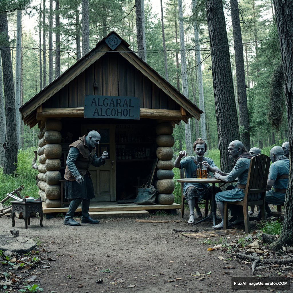 Real-life photography, wide shot: In the forest, there is a wooden cabin selling alcohol, and a dressed zombie comes to buy some. Next to the cabin, there are tables and chairs, with zombies sitting and drinking. A female barbarian is selling the alcohol.