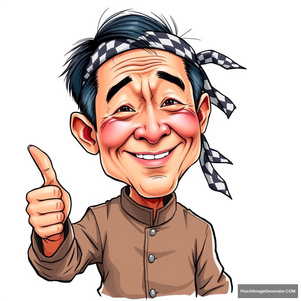 Create a highly detailed, colored sketch-style caricature of a middle-aged Vietnamese man with short, dark hair and a weathered face. The man should have a cheerful expression, with one hand raised in a thumbs-up gesture and the other hand gesturing outward. He is wearing a traditional brown áo bà ba and a black and white checkered bandana tied around his head. The style should combine cartoon-like exaggeration with the texture and vibrancy of a colored sketch, set against a plain white background, with no text or watermark. - Image