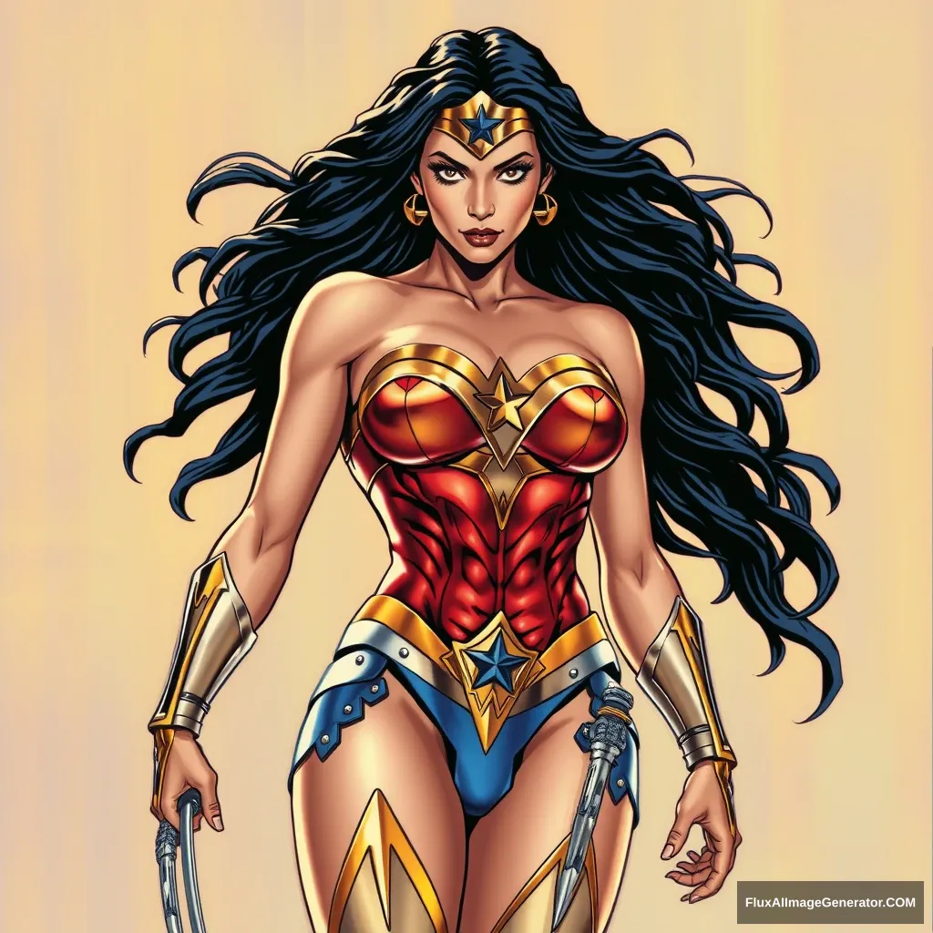 Big chested Wonder Woman character in the year 2099. Full body image from head to toe. In a metallic holographic trading card print.