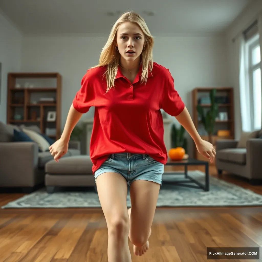 Front view of a blonde skinny woman who is in her early twenties in her massive living room, wearing a massively oversized red polo t-shirt that is a bit off-balance on one shoulder, with the bottom part also untucked. She is wearing light blue denim shorts, and she has no shoes or socks. She faces the camera, looking scared, and runs towards it with both arms straight down.