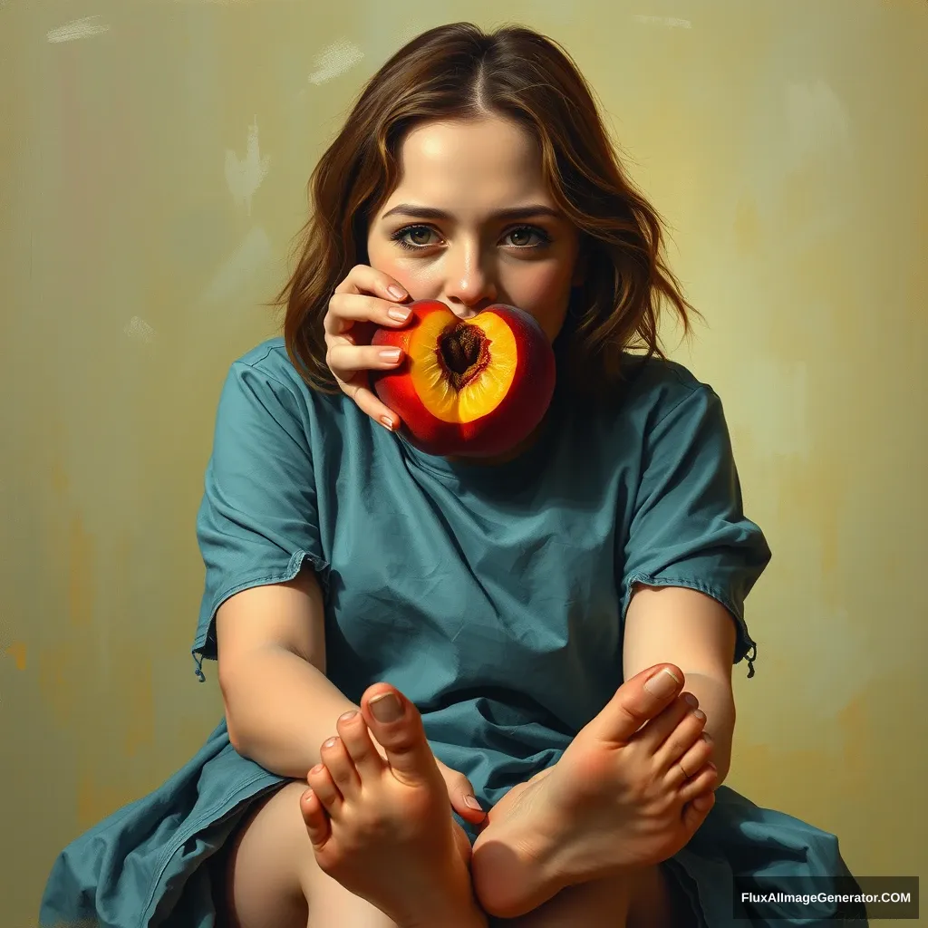 A painting of a painterly three-quarters full-body clothed woman with feet enjoying an insanely juicy peach. - Image