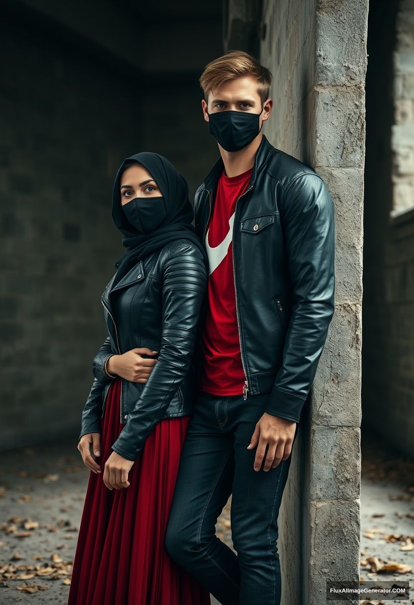 A big black hijab girl, beautiful eyes, black face mask, black leather jacket, a long red dress, not tall,

Jamie Dornan, handsome, black face mask, fit and tough body, red Nike t-shirt, black leather jacket, jeans, tall man, leaning against the wall together

Hyper-realistic, photorealistic, studio photography, Victoria's abandoned castle, gloomy.