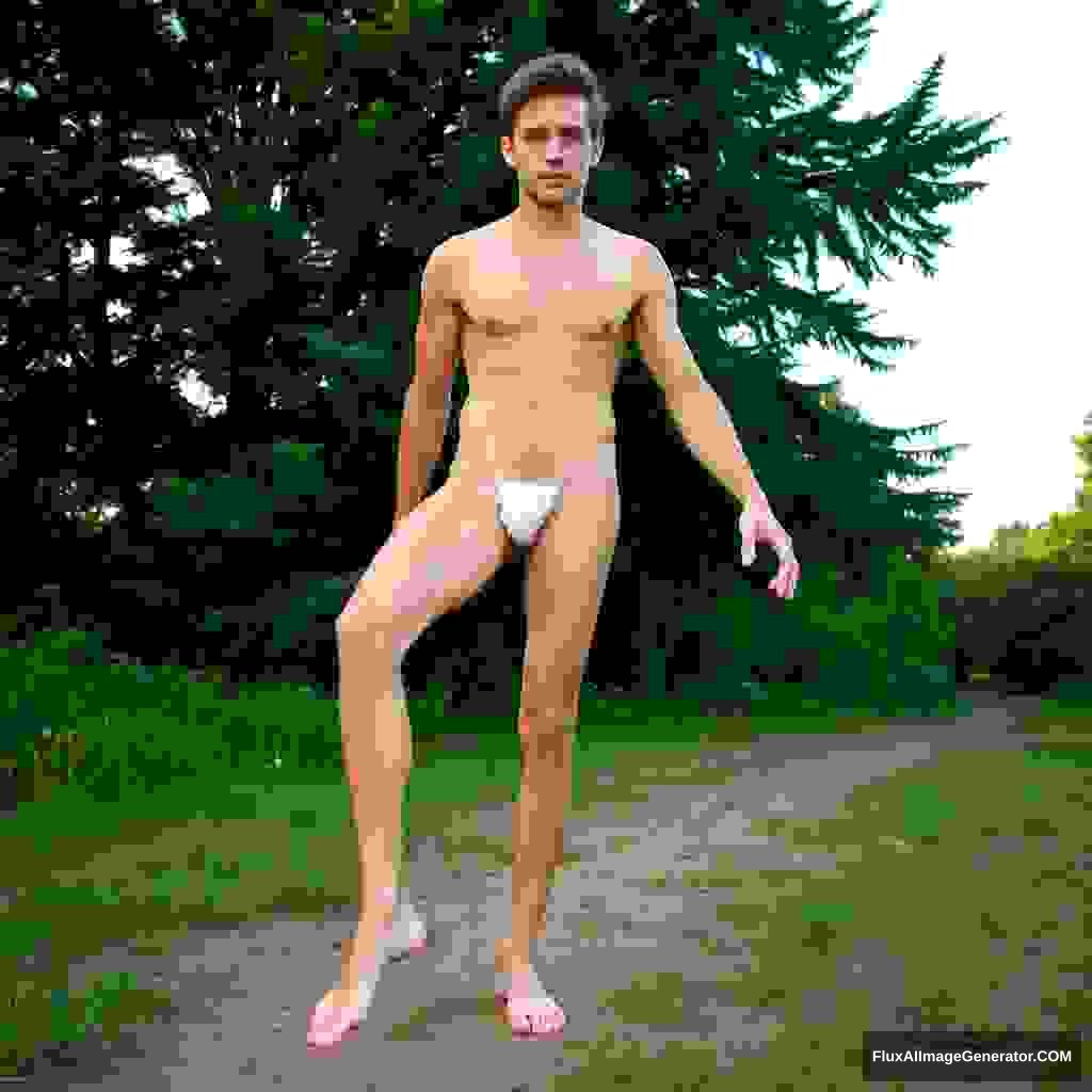 A sexy nude man has four long legs.