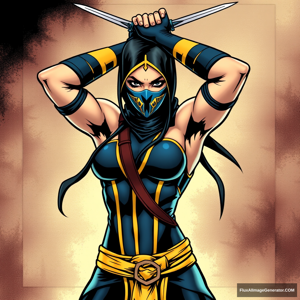 Kitana from Mortal Kombat, arms crossed above her head with weapons in her hands, comic book style