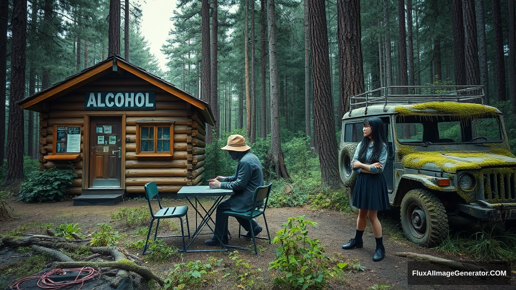 Real-life photography: In the forest, there are two wooden cabins selling alcohol, and a dressed zombie comes to buy some. Next to the cabin, there are one table and two chairs, with a zombie wearing a hat sitting and drinking. There is also an abandoned off-road vehicle nearby, covered in moss and weeds. A Japanese female student wearing a school uniform skirt walks by.