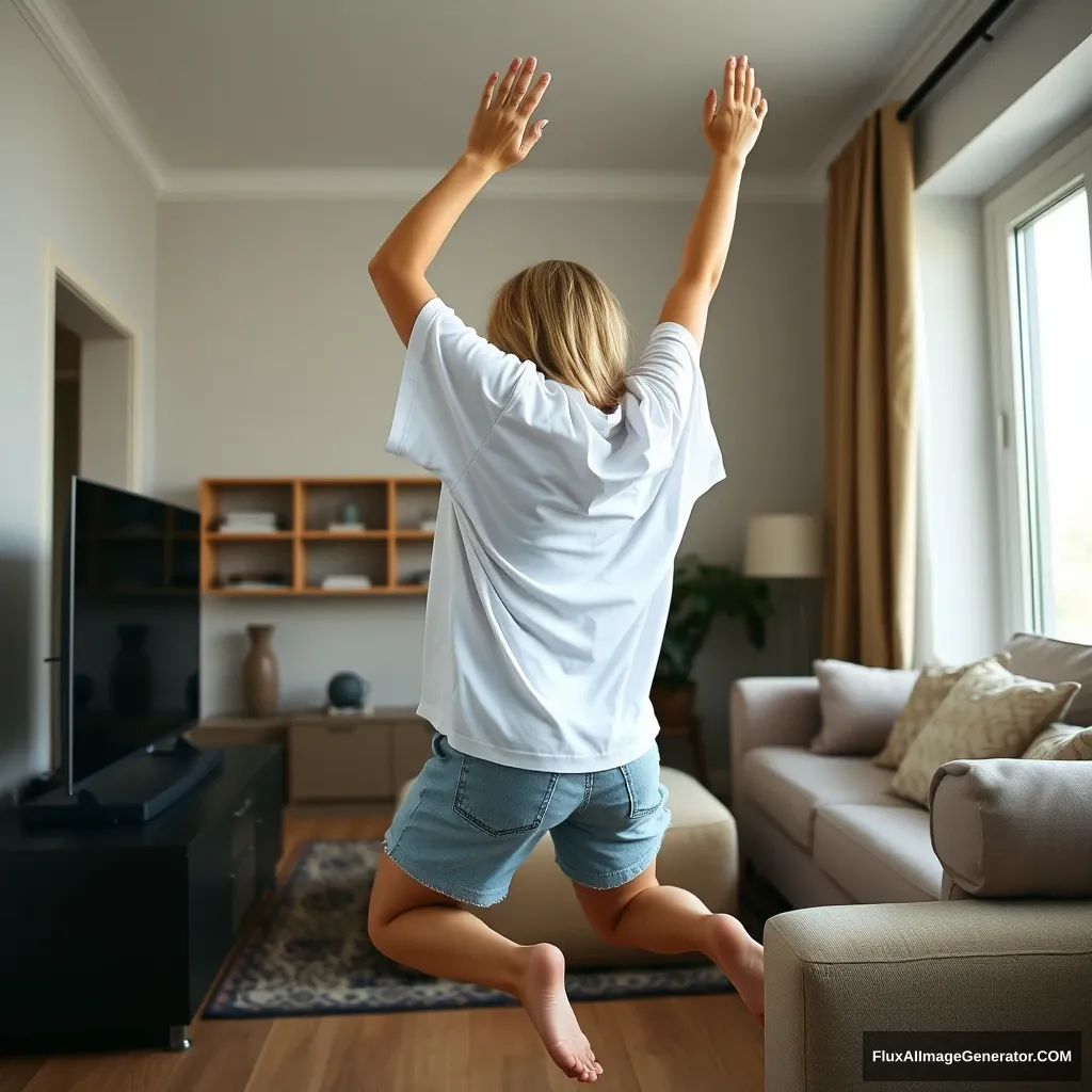 A side view of a blonde, slim woman in her spacious living room, dressed in an extremely oversized white T-shirt, with one sleeve noticeably off balance. She pairs it with oversized light blue denim shorts and is barefoot. Facing her TV, she dives headfirst into it, arms raised beneath her head and legs elevated high in the air, positioned at a 60-degree angle. - Image