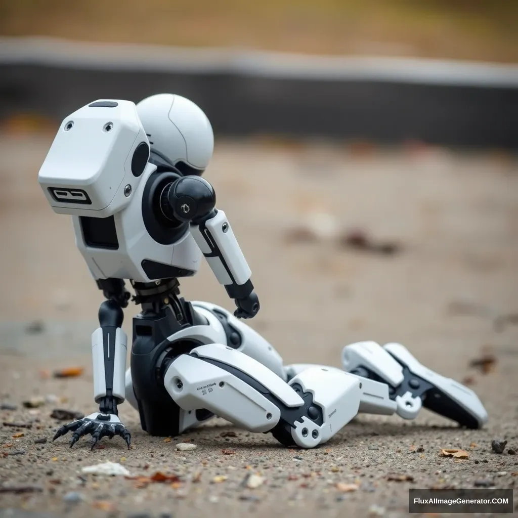 A robot is kneeling on the ground.