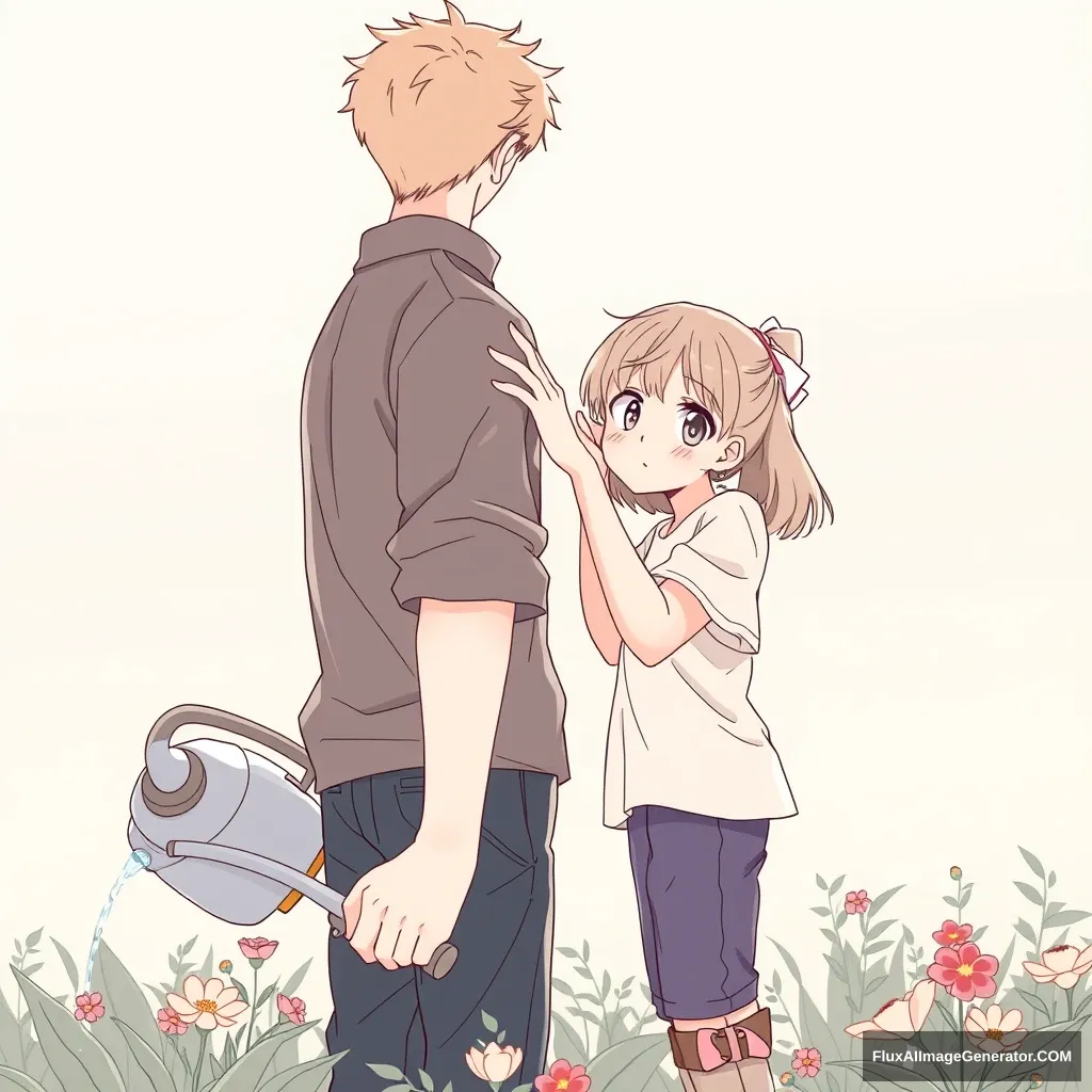 Anime lineart, front view of a handsome tall boy watering the flower; he turns his head a bit and looks back while a girl standing behind puts both hands on his shoulders; she tilts her head and looks curious.