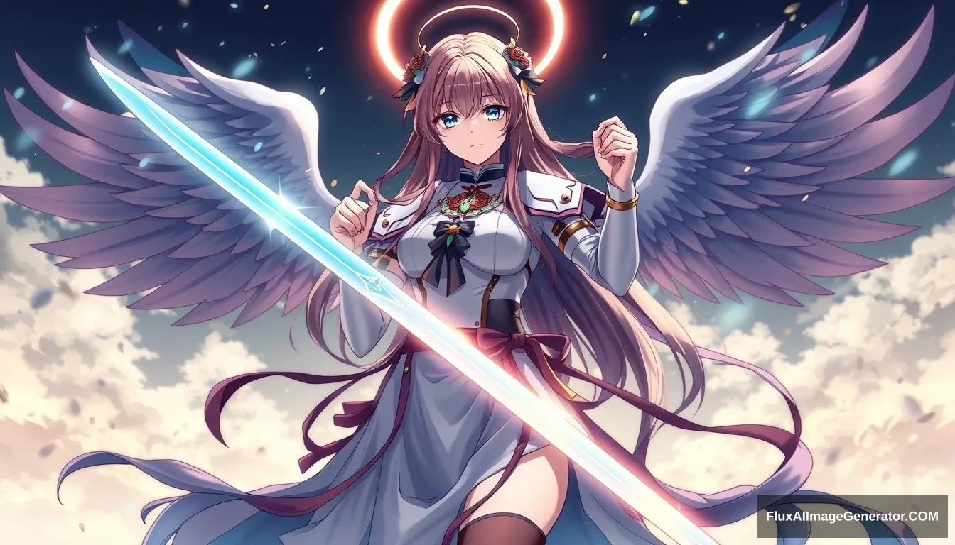 "A female holding a double-handed sword, anime divine archangel Esiel."