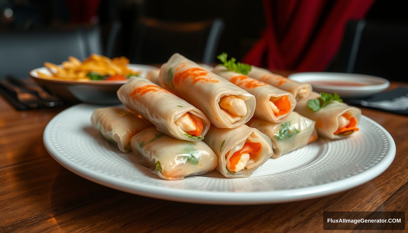 Highly detailed and sharp image of seafood spring rolls, plated on a white textured plate. The plate is resting on a wooden table, with the scene zoomed out to reveal more of the surrounding space. The background includes dark areas with a hint of red drapes, providing a contrast that enhances the vibrant colors of the dish. The overall atmosphere is elegant and appetizing, capturing the intricate details of the spring rolls and the dining setting.