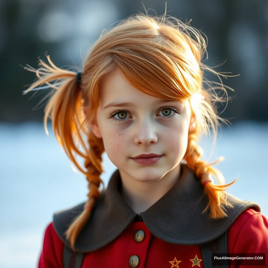 Teenage girl with orange-colored hair in pigtails, orange eyes, and wearing a Soviet pioneer uniform. - Image