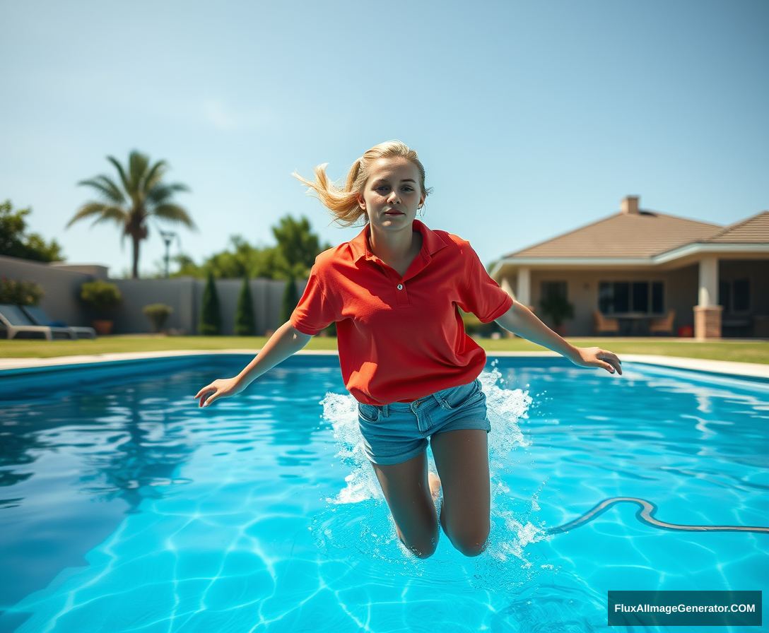 Front view of a young blonde skinny woman in her early twenties, who has a good tan, is in her massive backyard wearing a massively oversized red polo t-shirt that is a bit unbalanced on one of the shoulders. The bottom part of her t-shirt isn't tucked in, but it's also not particularly long. She is wearing M-sized light blue denim shorts and has no shoes or socks on. She jumps into the pool with her arms at her sides, creating a big splash from her legs as she goes underwater.