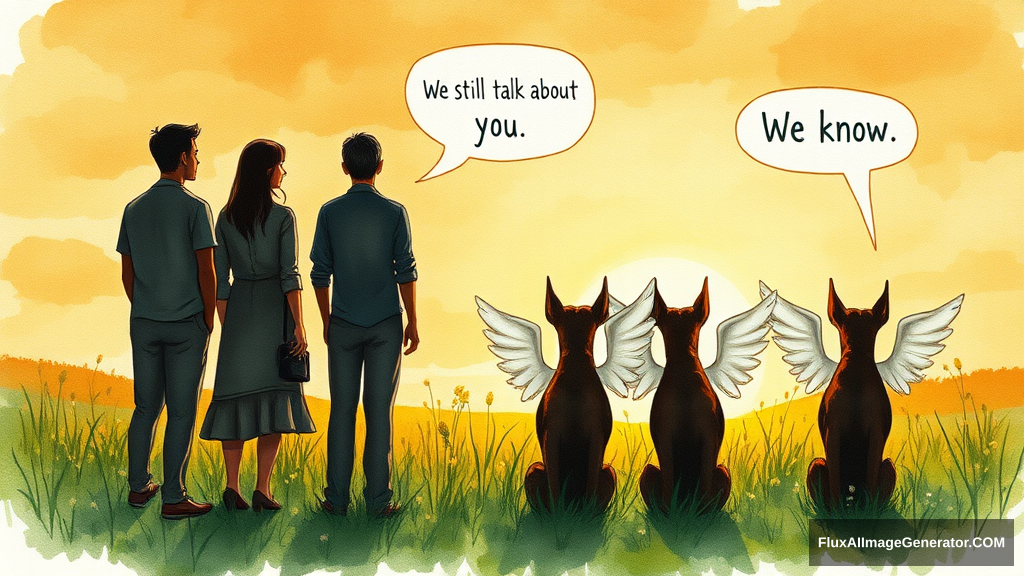 Messy, expressive watercolor illustration: 4 silhouetted figures—2 male, 2 female—stand in a lush meadow at golden hour. 3 ethereal, winged dobermans sit beside them. Facing away from the viewer. Speech bubbles float above: "We still talk about you" (human), "We know" (dog). Nostalgic atmosphere, loose brushstrokes convey wistful longing. - Image