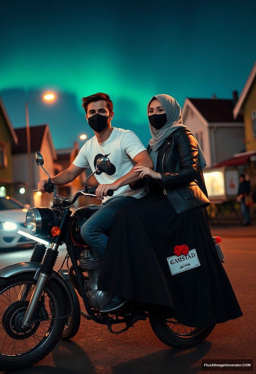 Jamie Dornan, tall, young, wearing a black face mask, a white Nike T-shirt, and jeans, rides a motorcycle while dating a grey-hijab-wearing Muslim girl with beautiful eyes. She is also wearing a black face mask, a leather jacket, and an extremely long and large skirt. She is not tall. They ride a motorcycle in town with a photorealistic style, depicted in street photography at night, featuring the aurora borealis. - Image