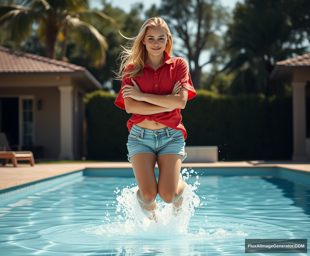 Front view of a young, skinny blonde woman with a good tan in her early twenties, in her massive backyard, wearing an oversized red polo t-shirt that is slightly off balance on one shoulder. The bottom part of her t-shirt isn't tucked in, but it's also not very long. She is wearing M-sized light blue denim shorts and has no shoes or socks on. She jumps into the pool with her arms crossed over her chest, creating a big splash with her legs as she goes underwater. - Image