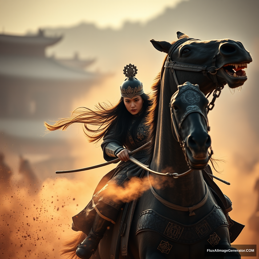 Realistic photography of a female warrior from the Han Dynasty in ancient China, clad in ornate armor with a stern expression, riding a majestic horse in a battlefield, the horse rearing up, dust swirling around them, 4K ultra-high definition, warm and earthy tones reflecting the historical setting, dramatic lighting with strong shadows, dynamic composition capturing the power and determination in her stance, Canon EOS R5, 85mm, f1.8, shallow depth of field.