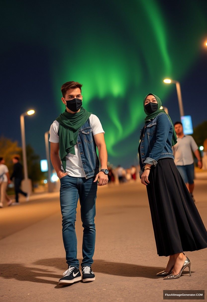 Jamie Dornan, handsome, black face mask, white Nike t-shirt, jeans, sneakers, dating romantically with a Muslim girl in a green hijab, beautiful eyes, black face mask, denim jacket, longest skirt, short girl, holding hands, photorealistic, street photography, full photography, selfie photos, night scenery, aurora.