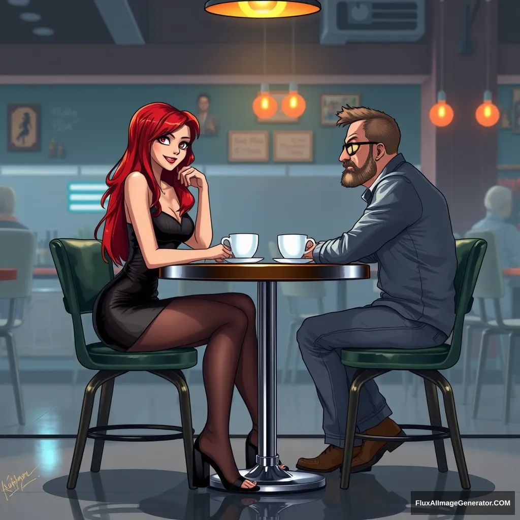 Painted in anime style. A woman and a man are sitting at a table in a bar, having coffee. The woman has red hair, with a devious grin on her face, wearing a short dress, black pantyhose, and high heel sandals. She looks at the man with superiority. The man is a 40-year-old man, with a beard and glasses, wearing jeans and a shirt. The shot is from the side, from a distance, showing their entire figures. The woman is looking at the man. The table has one leg in the middle, metallic. The woman and the man are sitting on opposite sides, facing each other. Photorealistic. Cinematic.