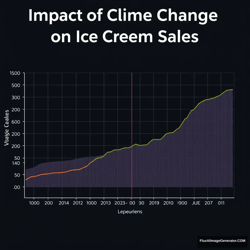 Create a publication-quality graph showing the relationship between ice cream sales and climate change over the past 20 years in Matlab style. The graph should feature:

- A line plot with two distinct Y-axes.
- The left Y-axis represents average monthly ice cream sales in units.
- The right Y-axis represents average monthly temperature in °C.
- The X-axis represents the years from 2003 to 2023.
- Use clear, distinguishable colors: one color for the ice cream sales line and another for the temperature line.
- Include a legend to identify the two data series.
- Add gridlines for better readability.
- Title the graph ‘Impact of Climate Change on Ice Cream Sales’.
- Use a minimalist theme for a clean, professional look.
- Ensure high resolution suitable for academic publication. - Image