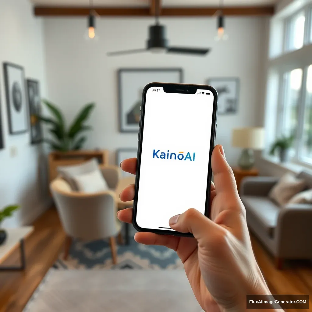 An interior designer holds a phone and the phone screen shows the KainoAI app, which has a blue style.