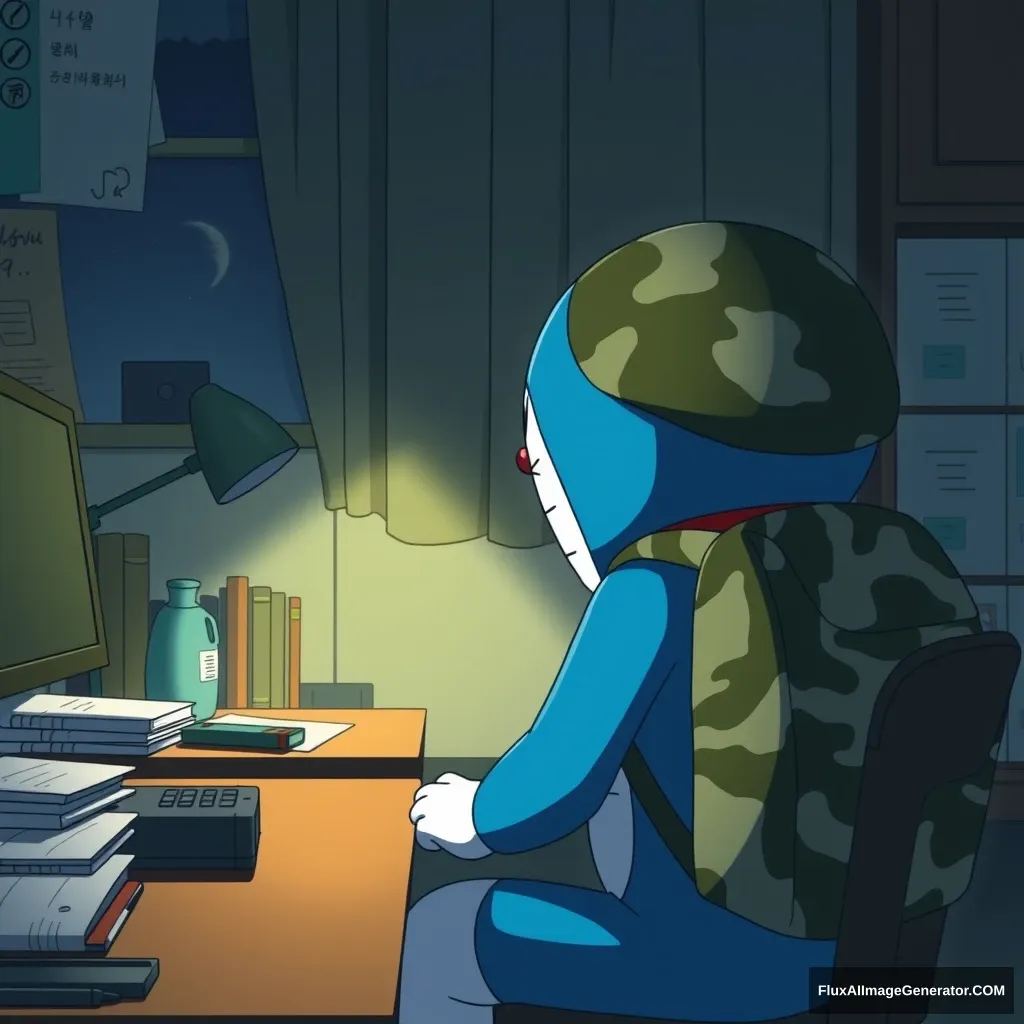 "In the quiet of the study at night, sitting at the desk, the fatigued Doraemon yearns to unknowingly escape his troubles while wearing a camouflage backpack."