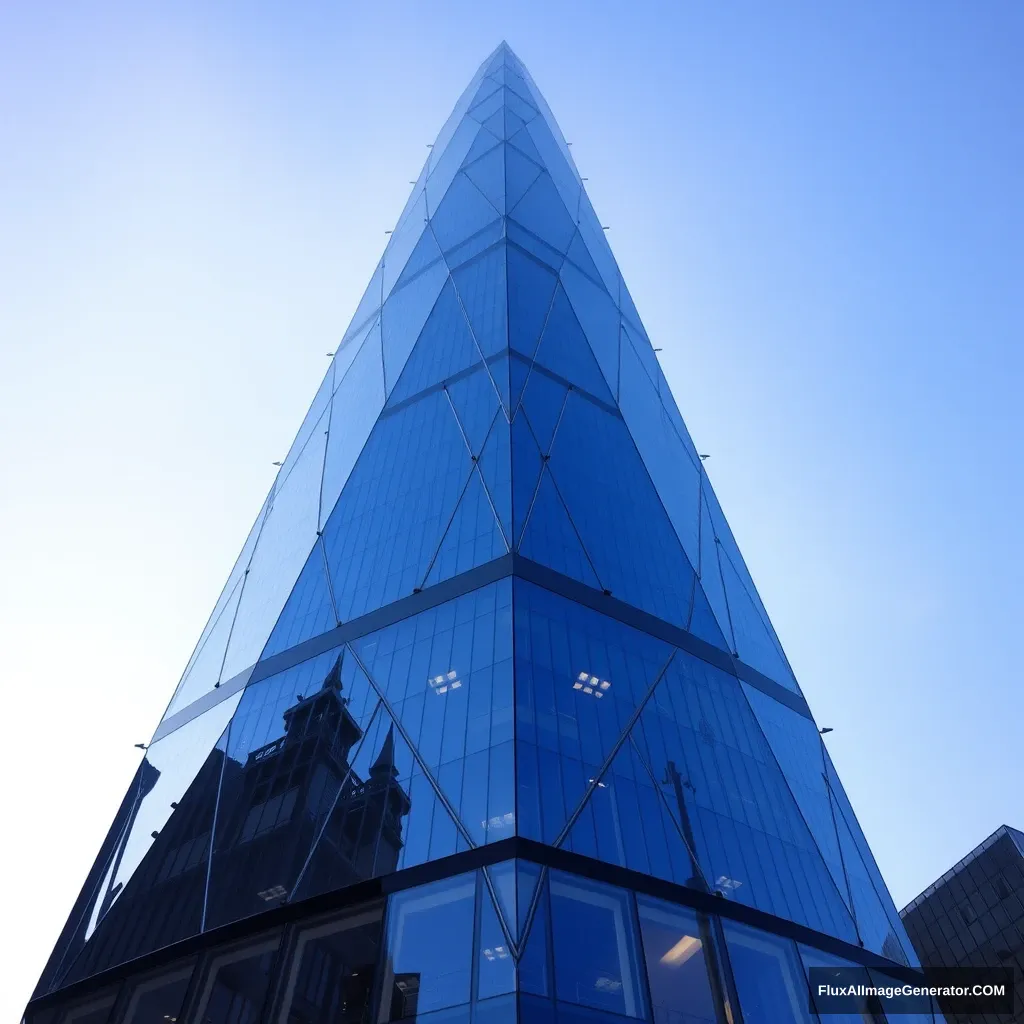 A glass skyscraper with triangular design elements.