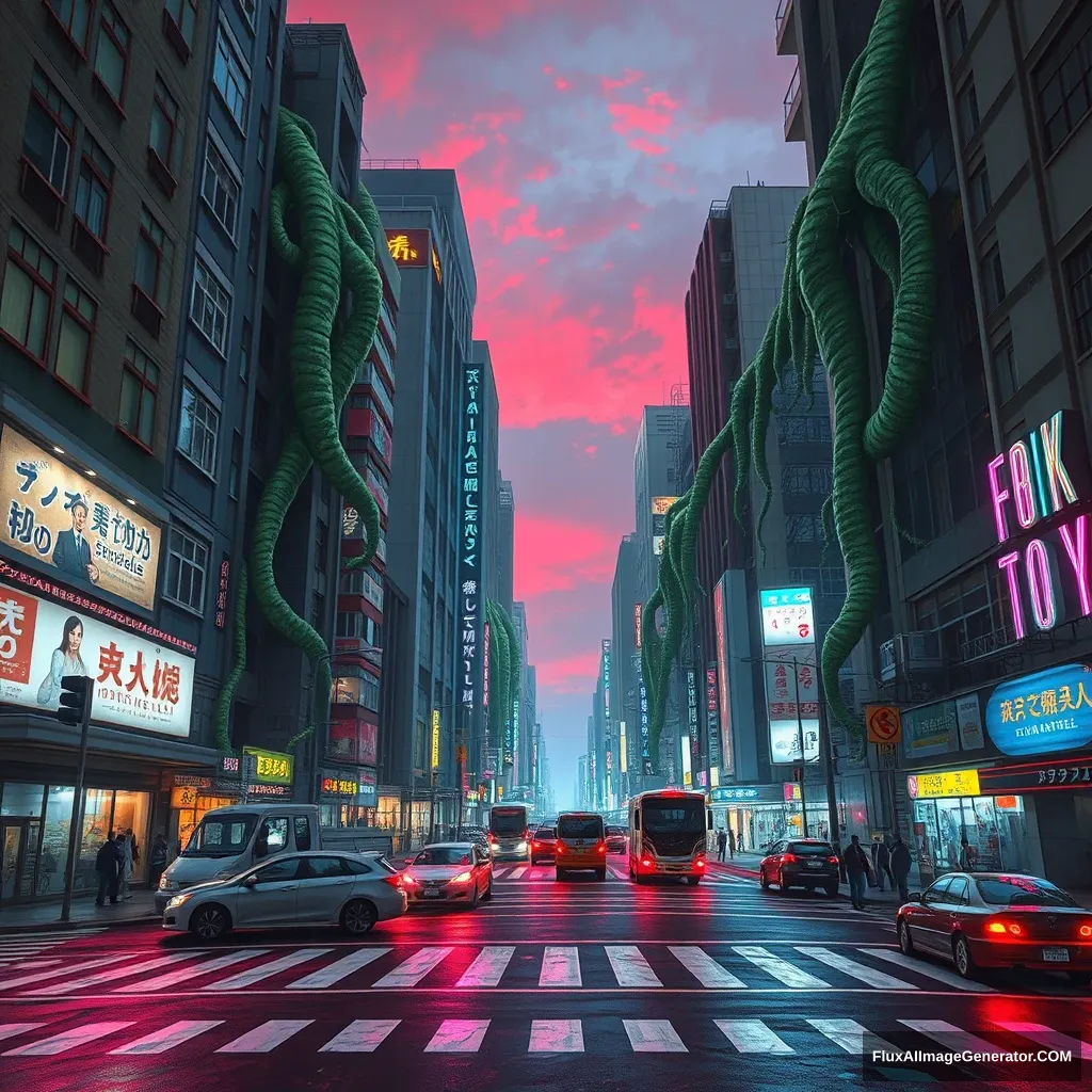 A cyberpunk style video game concept painting, wide-angle Tokyo city view, Shibuya Scramble Crossing, buildings are corrupted by giant vines, night scene, crosswalk line, abandoned vehicles, blue and purple neon lights, sky is dyed red. - Image