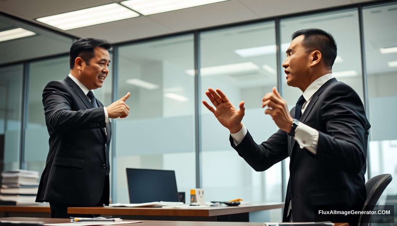 This is an office scene. Ultra wide shot. There is a man in a black suit on the left side of the screen. His name is Paul, an Asian. Paul is very angry. He stands up and smacks his hand and points to the right at another man wearing a white shirt and a black tie. They are quarreling. His name is Ivan, an Asian. Ivan was sitting down and his opponent made a blocking gesture and had a disgusted facial expression. - Image