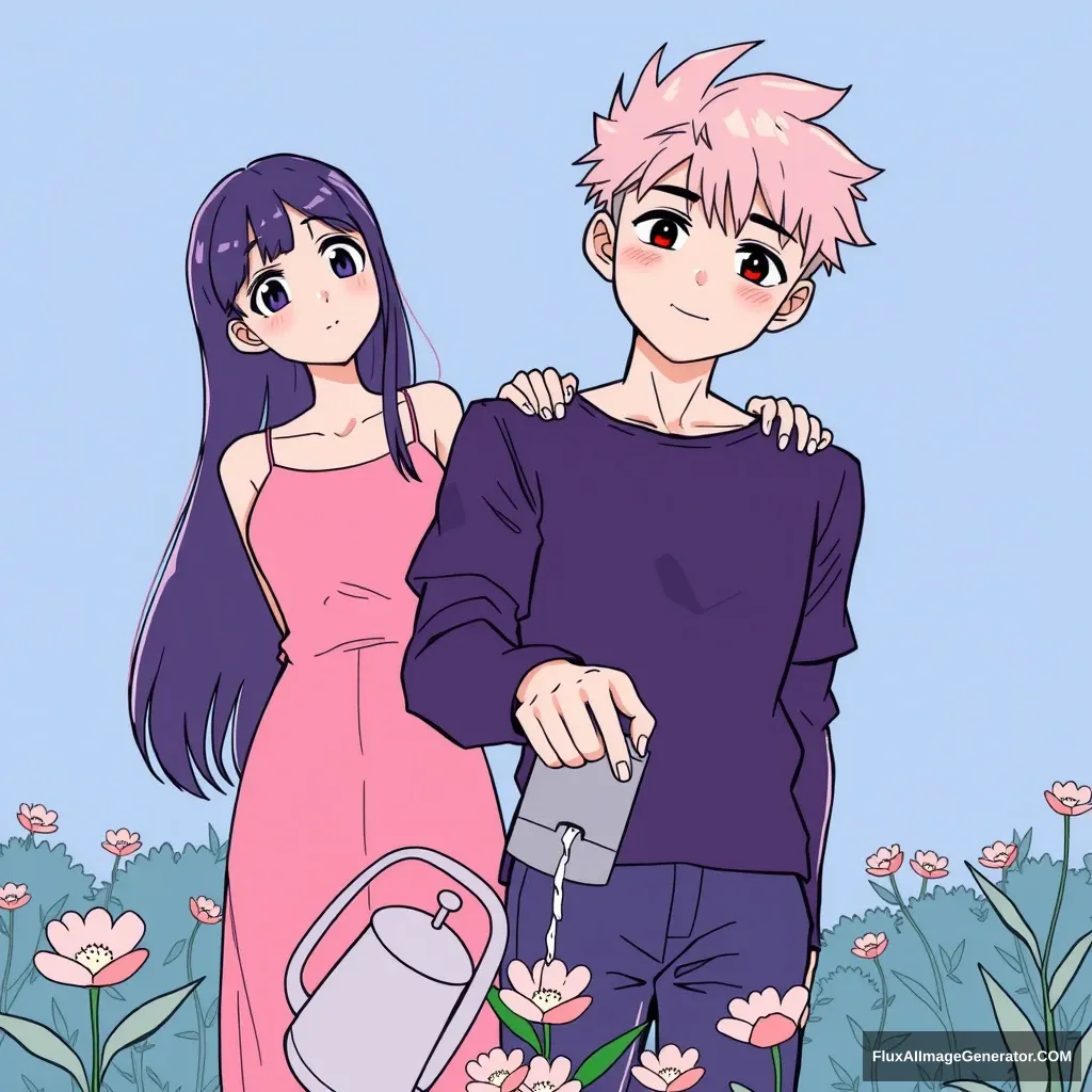 Anime line art, front view of a handsome tall boy watering a flower, while a young woman standing behind him puts both hands on his shoulders, tilting her head and looking curious. - Image