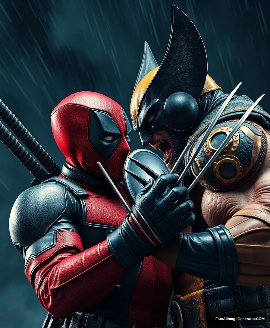 Digital artwork, concept art, Deadpool and Wolverine fighting in comic style, extremely intricate, extremely detailed, ominous lighting, dramatic lighting, dark stormy night, shot with Hasselblad, long exposure intricate, exquisite details and textures, sharp focus, high resolution, detailed eyes, 8k UHD, Nikon D850, high quality, film grain, hyper-realistic skin (detailed skin:1.3).